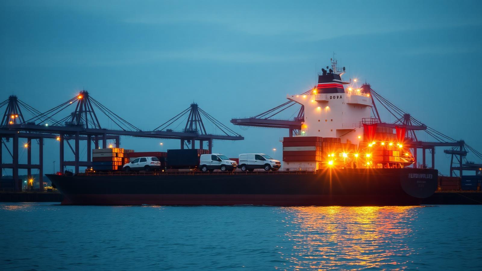 Vehicles being shipped at an international port at dawn
